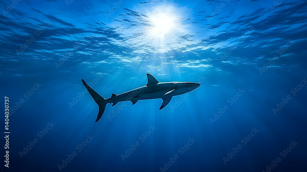 Naklejka premium Silhouette Of Shark Underwater With Sunlight Rays