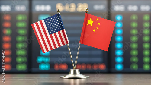 US and China flags stand together against a stock market ticker background symbolizing global trade relations and economic cooperation between nations.