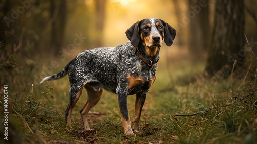 A beautiful close-up portrait of a Bluetick Coonhound dog, showcasing its distinctive blue and black mottled coat