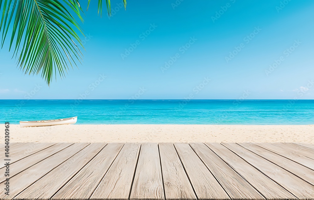Fototapeta premium Tranquil Beach Scene with Wood Deck and Clear Blue Sky