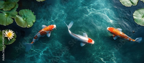 Three Koi fish swim in a serene pond with lily pads.
