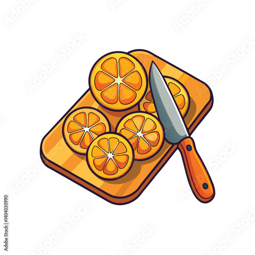 Orange Slices with Knife on Cutting Board Cartoon
