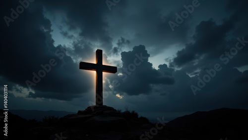 A dramatic sky with a cross silhouette illuminated by sunlight.