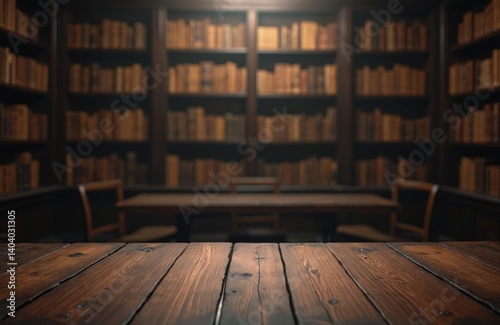 Empty wooden table with blurred dark law library background. Bookshelves, reading room, copy space. Legal profession, book lover theme, knowledge, education. AI art. photo