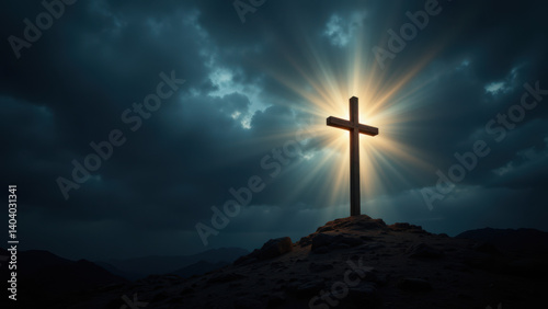 A dramatic image featuring a cross with rays of light emanating from behind, standing on a rocky cliff against a stormy sky.
