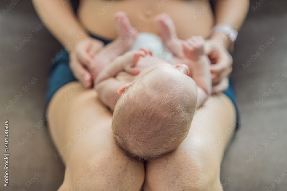A newborn baby rests peacefully on the mother lap, feeling warmth, security, and love. A tender moment of bonding, trust, and comfort, symbolizing early childhood and the deep connection between