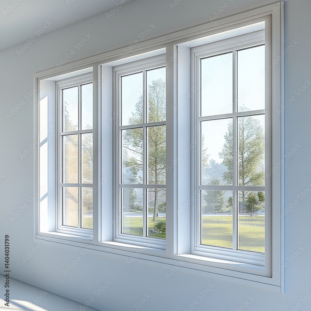 View of three windows with white frames looking out to greenery View of three windows with white frames looking out to greenery