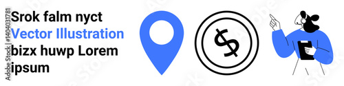 Free Download Blue location pin, currency coin symbol, and cartoon character with clipboard analyzing information. Ideal for finance, navigation, analytics, business strategy, teamwork, and communication concepts - GFXLoad