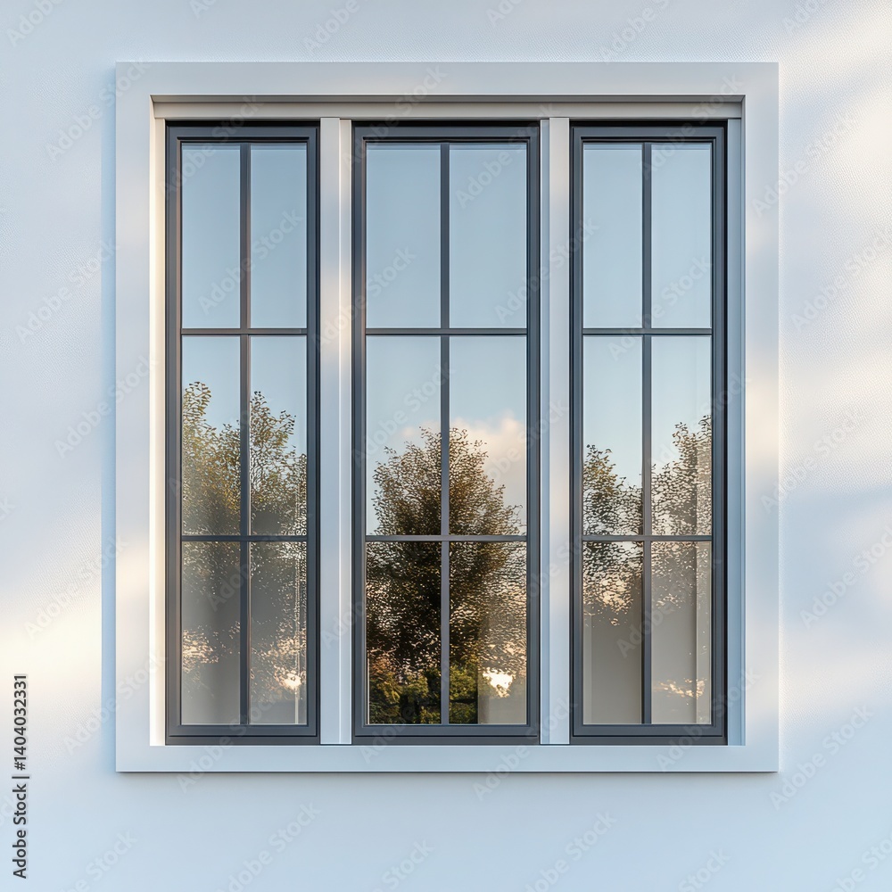 Close up of a window with reflection of trees and a blue sky seen Close up of a window with reflection of trees and a blue sky seen