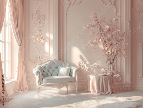 Elegant room with a classic sofa, decorative details, and soft pink tones for a serene and luxurious atmosphere. A comfortable relaxation spot.