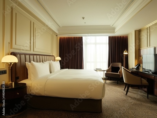 Elegant hotel room with king bed, dark wood desk and chair, rich brown curtains and neutral walls in a luxurious setting.