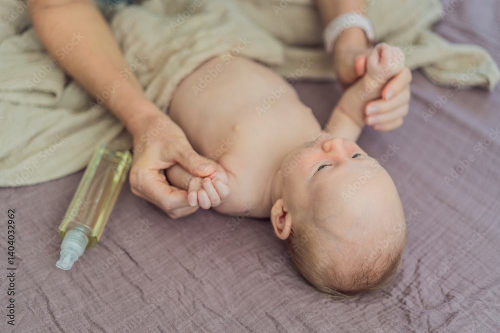 A mother gently massages her 1-month-old baby with baby oil after a bath. This tender moment highlights the bond between parent and child, promoting relaxation, baby care, and the importance of skin