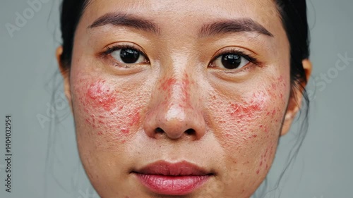 Close-up portrait of a woman's face showing skin redness and inflammation, potentially rosacea or another skin condition, studio shot