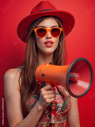 Stylish young woman with red hat and sunglasses holding a bright orange megaphone on vibrant red background, expressing confidence and bold fashion senseWoman