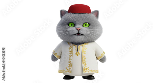 3D arabic cat character in traditional clothing isolated
on white background 
