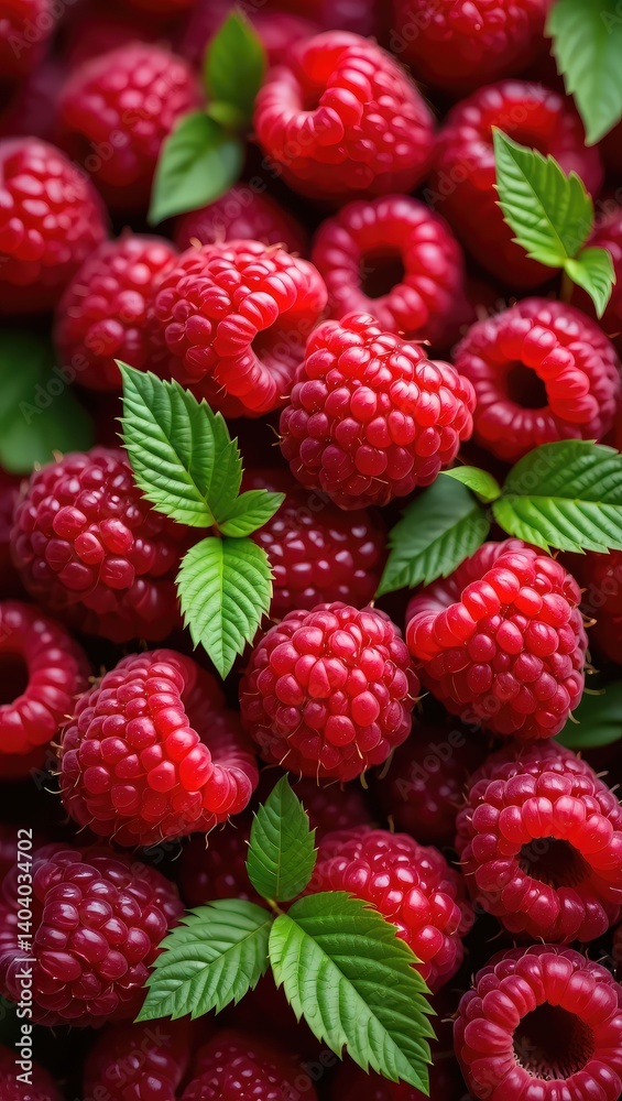 A bunch of red raspberries with green leaves in the center, against a gray background. A bunch of red raspberries with green leaves in the center, against a gray background.