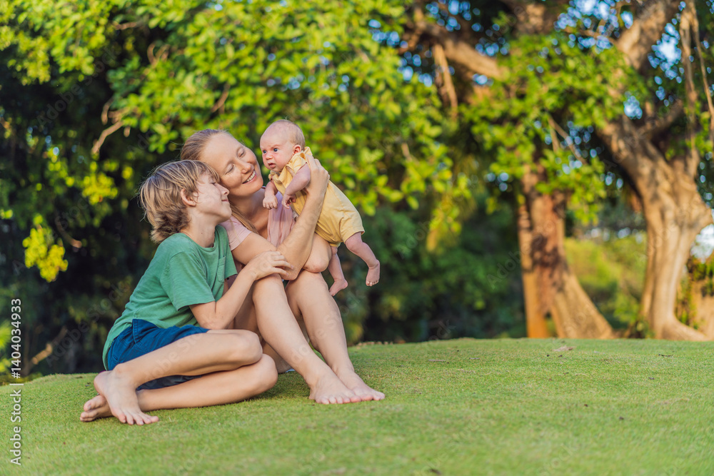Young mother, teenage son, and one-month-old baby enjoying quality family time in the park. Multigenerational bonding and outdoor family love concept