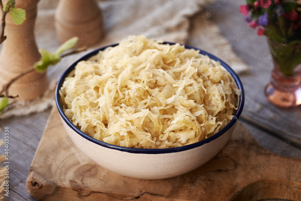 Fermented cabbage or sauerkraut in a bowl on a table Fermented cabbage or sauerkraut in a bowl on a table