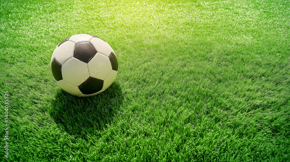 Classic soccer ball on a synthetic turf field, illuminated by warm sunlight, evoking the spirit of summer games Classic soccer ball on a synthetic turf field, illuminated by warm sunlight, evoking the spirit of summer games