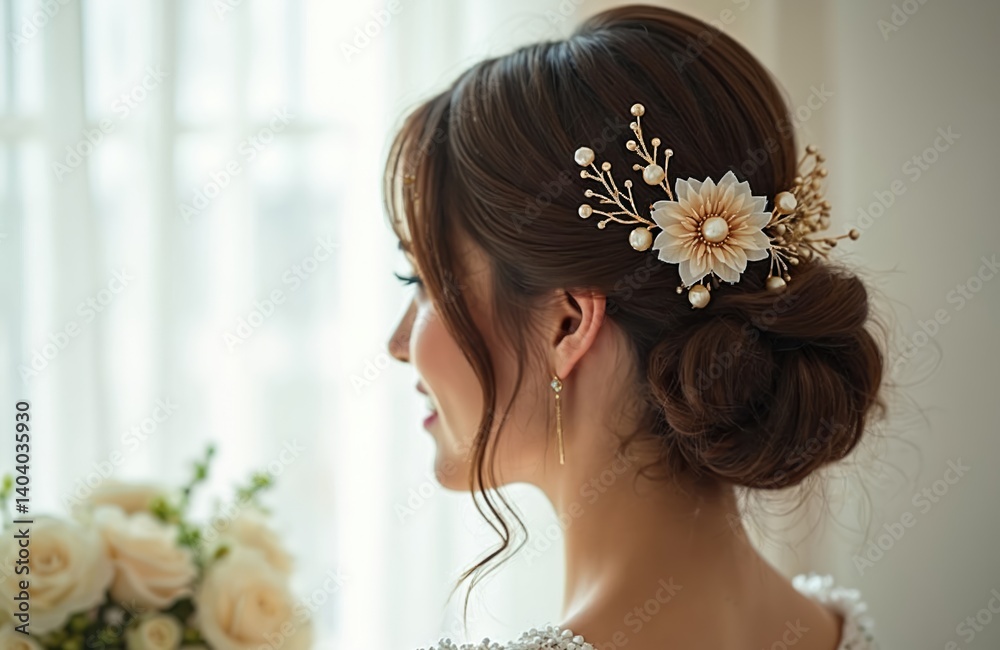 Naklejka premium Close-up bridal hairstyle. Elegant woman shows wedding hairstyle with delicate hair accessory. Beautiful female model has stylish bun. Perfect hair for special day. Luxury bridal design, modern trend.