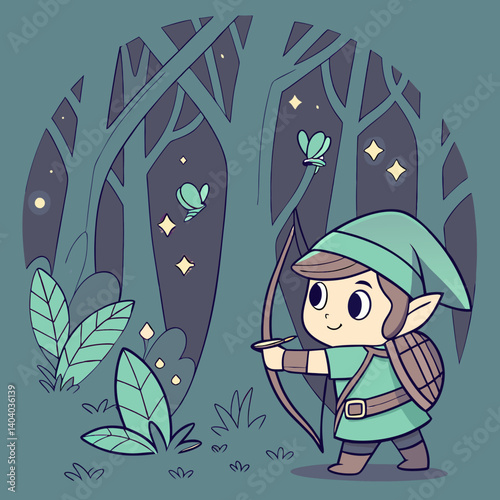 Adorable chibi archer stands poised in a glowing, enchanted forest, surrounded by magical creatures and luminous flora.