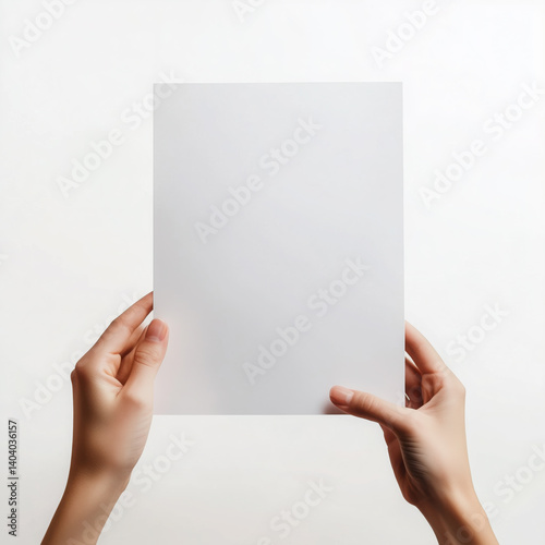 Woman holding blank white paper on white background