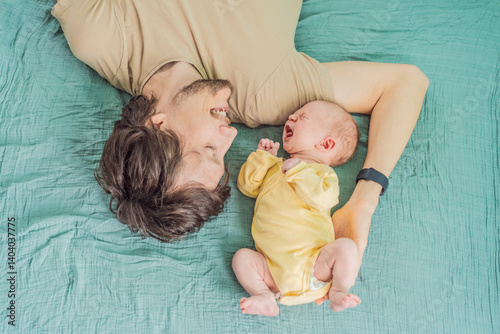 A father and his newborn baby lie on a soft muslin swaddle head to head, sharing a tender moment of closeness and bonding that highlights new beginnings and gentle parenting