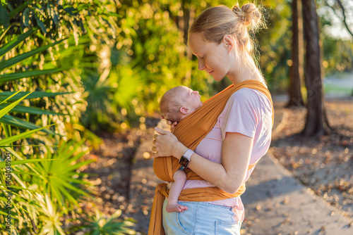 Obraz na płótnie A loving mother walks through a peaceful park, carrying her baby securely in a sling. A heartwarming moment of maternal bonding, babywearing, and the joy of motherhood in nature w salonie