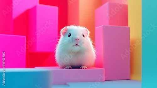 White guinea pig pet animal rodent cute adorable domestic cavy small mammal colorful blocks background pet care