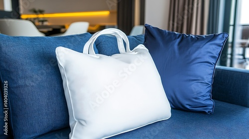 White pillow on blue couch in modern living room. Possible use Interior design, home decor