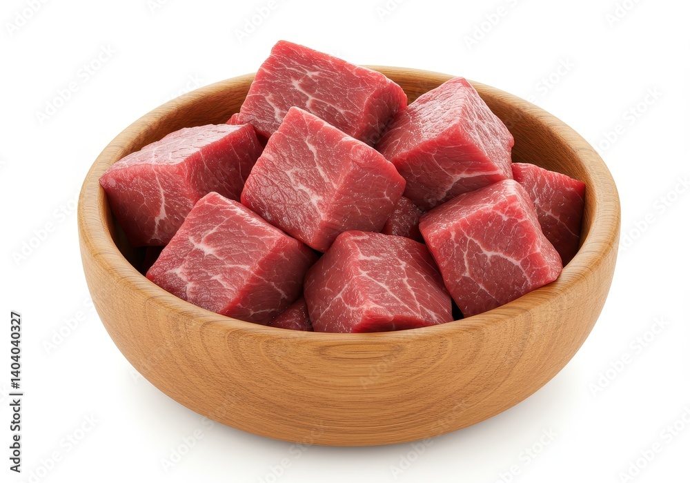 Wooden bowl filled with red raw beef cubes with marbled texture and fresh appearance isolated on white background Wooden bowl filled with red raw beef cubes with marbled texture and fresh appearance isolated on white background