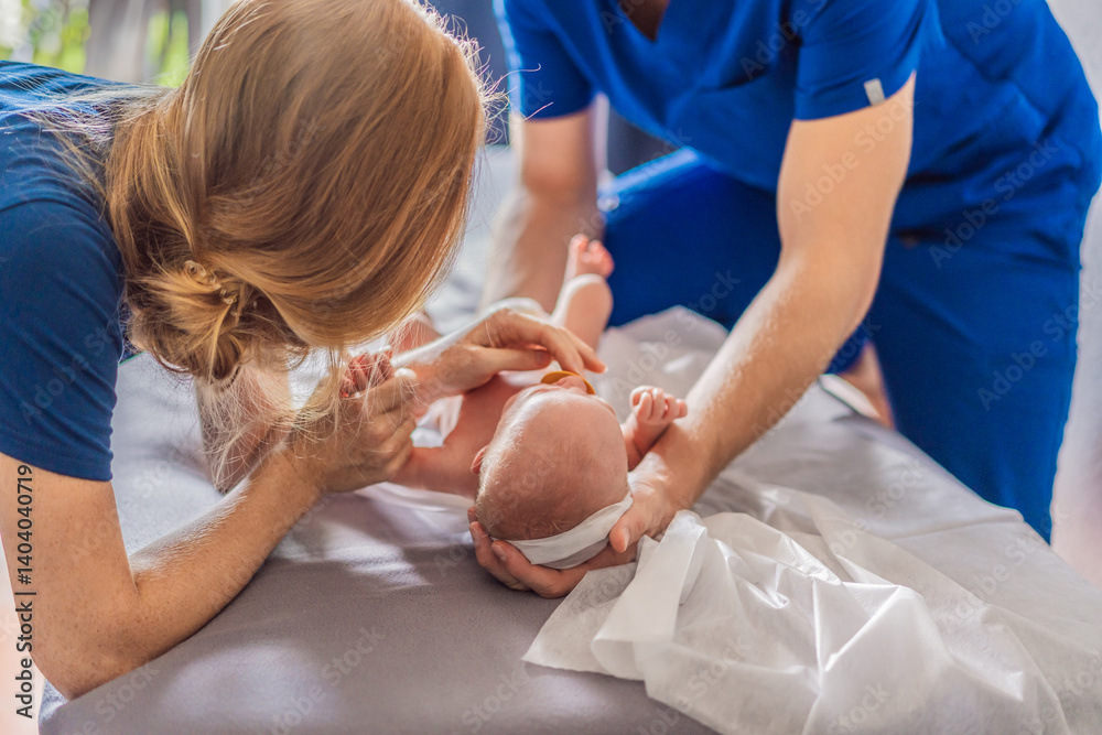 A newborn baby receives gentle osteopathic care, lying calmly while the specialist carefully examines and adjusts the infant. A moment of professional pediatric care, early development, and holistic