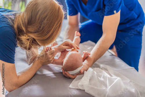 Obraz na płótnie A newborn baby receives gentle osteopathic care, lying calmly while the specialist carefully examines and adjusts the infant. A moment of professional pediatric care, early development, and holistic w salonie
