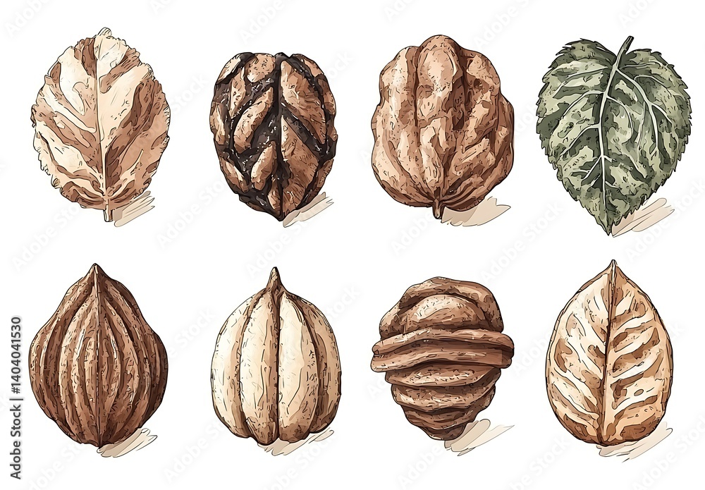 Hand-drawn Collection of Diverse Nuts and Leaves on White Background Hand-drawn Collection of Diverse Nuts and Leaves on White Background
