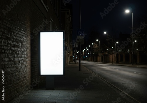 Empty illuminated advertising billboard on deserted city street at night with blank white display for mockup. Urban outdoor marketing space near brick wall with copy space.