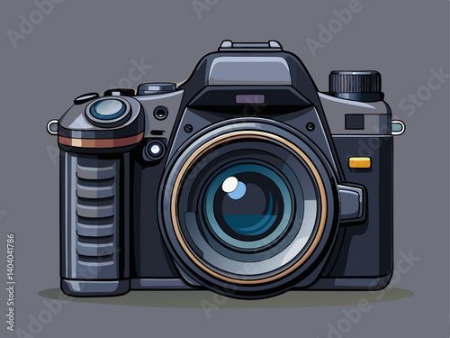 A professional vector of a black DSLR camera positioned at an angle, placed on a neutral gray background, high-resolution and sleek design
