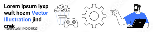 Laptop user gesturing at gear, gaming controller, and popcorn representing entertainment, technology, gaming, media, leisure, development teamwork. Ideal for websites apps ads flat landing page