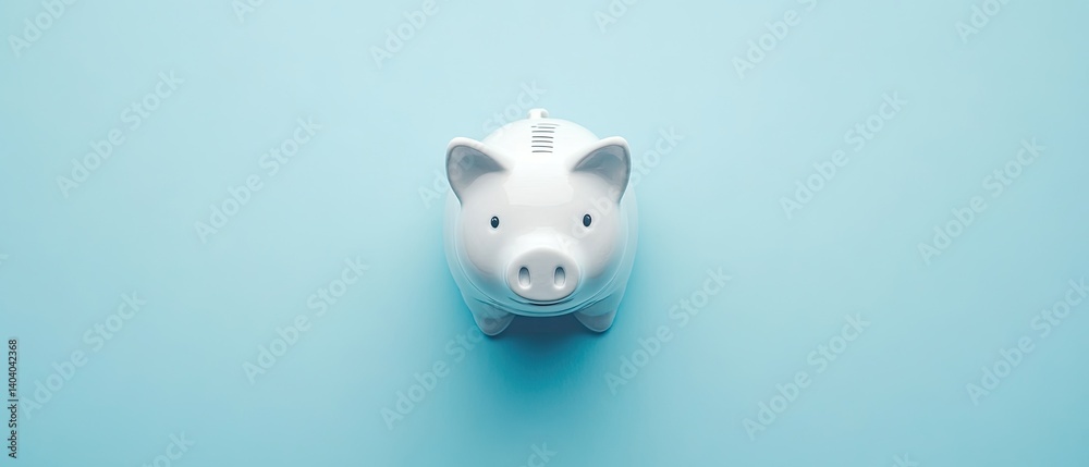 White piggy bank on blue background, overhead view. White piggy bank on blue background, overhead view.