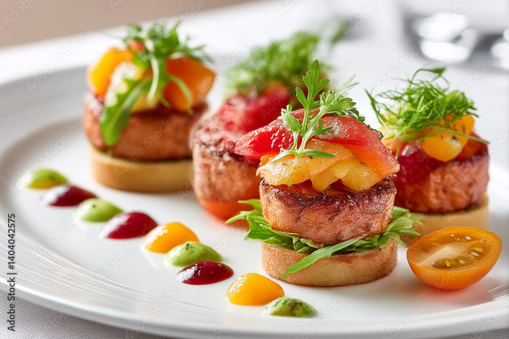 Elegant Gourmet Salmon Bites with Colorful Garnishes Elegant Gourmet Salmon Bites with Colorful Garnishes
