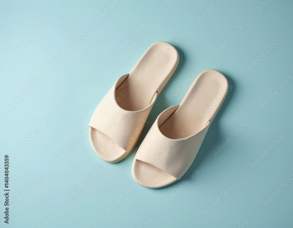 Pair of beige open toe slides on light blue background. Modern footwear. Soft, comfortable slippers for home relaxation. Minimalist product shot. Top view, copy space.
