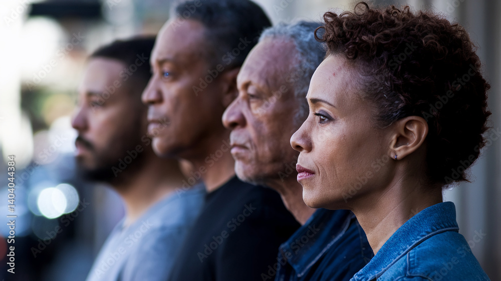 Obraz premium Close-up of four adult faces in profile, showcasing diverse ethnicities and ages, symbolizing unity, community, or family portrait