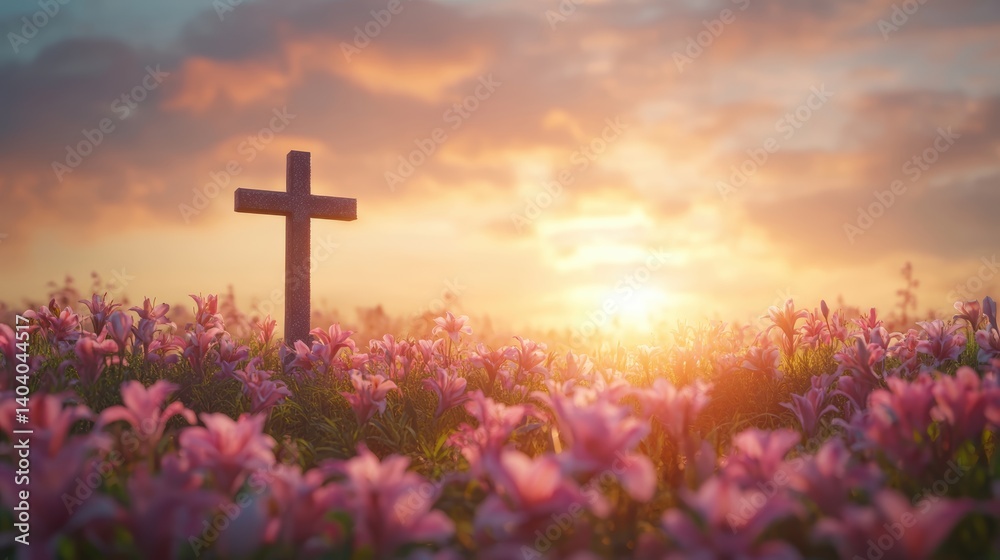 Religious Easter card featuring a peaceful cross with lilies and a soft sunrise Religious Easter card featuring a peaceful cross with lilies and a soft sunrise