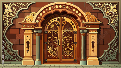 Elegant carved wooden door with decorative arch and ironwork