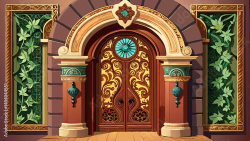 Elegant carved wooden door with decorative arch and ironwork