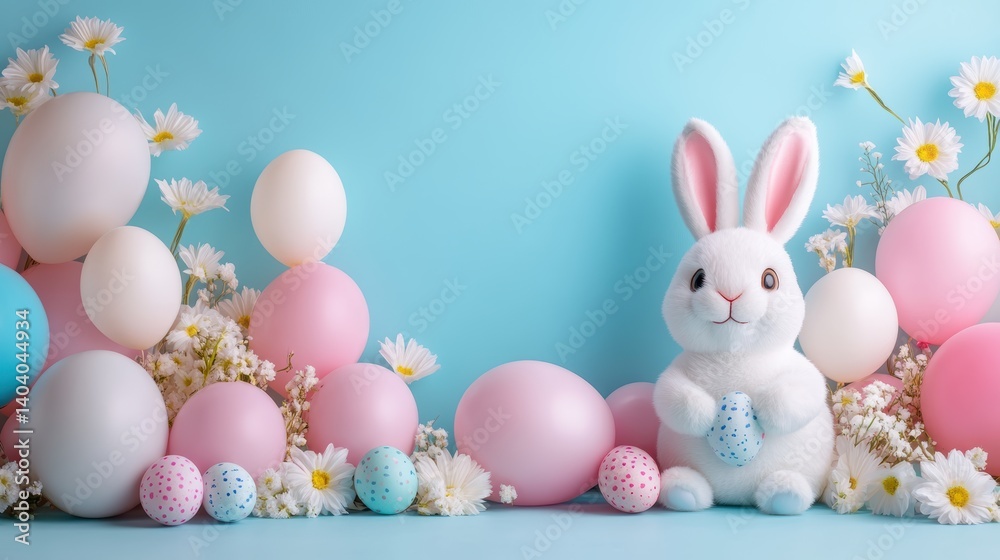 Fototapeta premium Fun Easter flyer with a playful bunny, pastel balloons, and a list of event activities