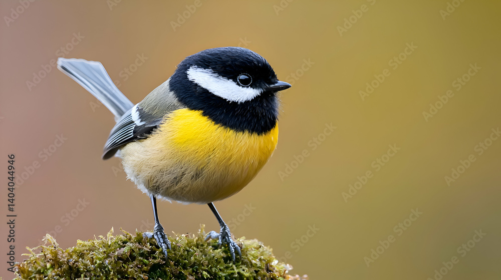 Obraz premium Small Yellow And Black Bird Perched On Green Moss