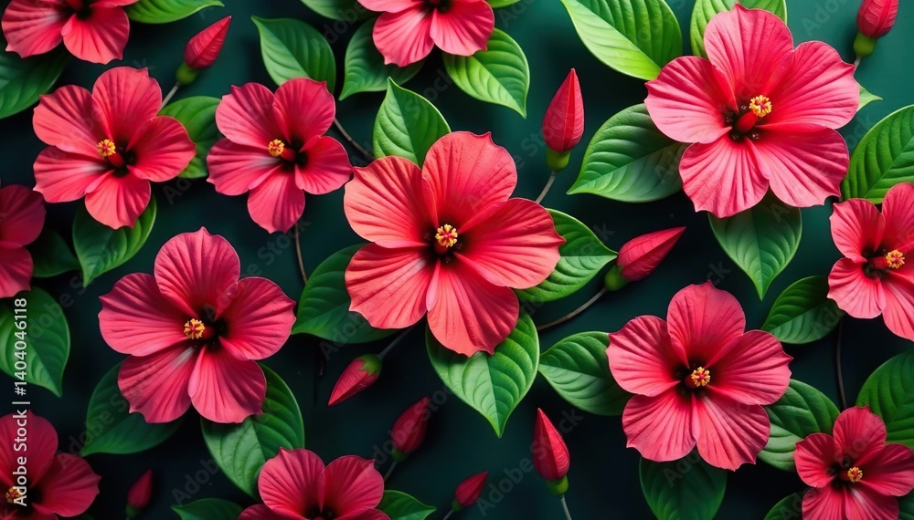Vibrant hibiscus blossoms, lush green leaves, repeating pattern , flower pattern, pink, blossom