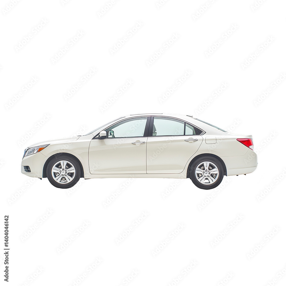 Fototapeta premium sleek white sedan car is shown in side view, highlighting its modern design and smooth lines. vehicle is isolated on transparency background, emphasizing its elegant and contemporary style