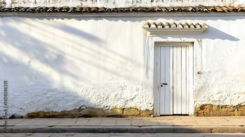 Whitewashed building with a simple door, sun shadows on facade. Potential use stock photo for architectural design, travel brochure