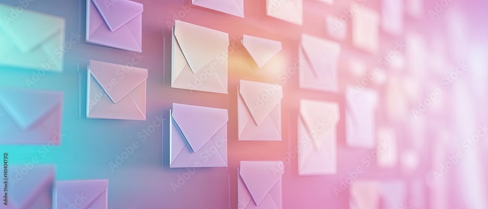 Colorful paper mail envelopes on a pink and blue background. Colorful paper mail envelopes on a pink and blue background.